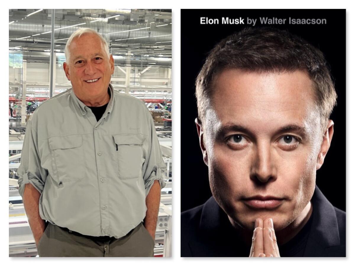 A diptych of a smiling gray-haired man and Elon Musk on a book cover