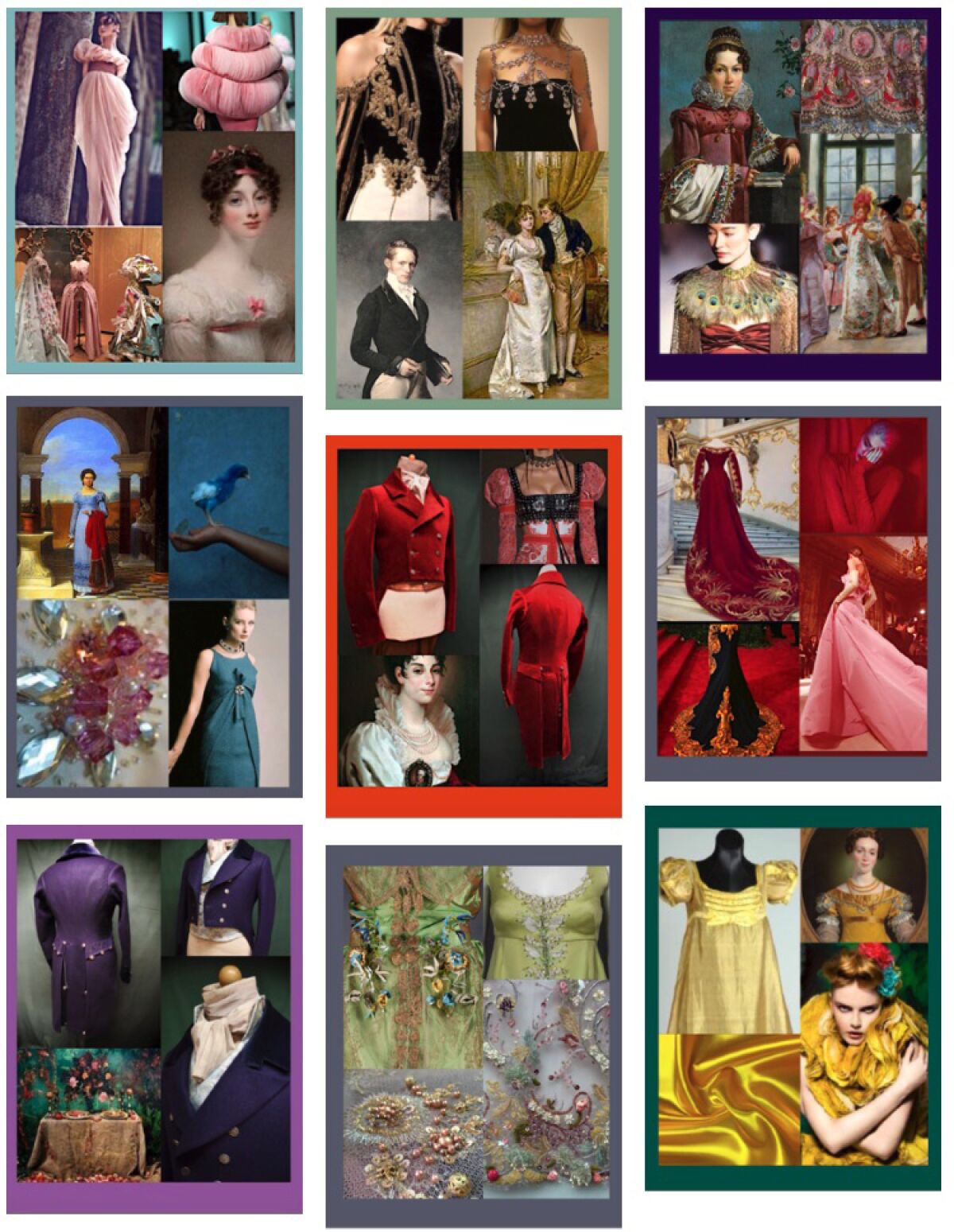 Color-coded pages from the "Bridgerton" costume lookbook