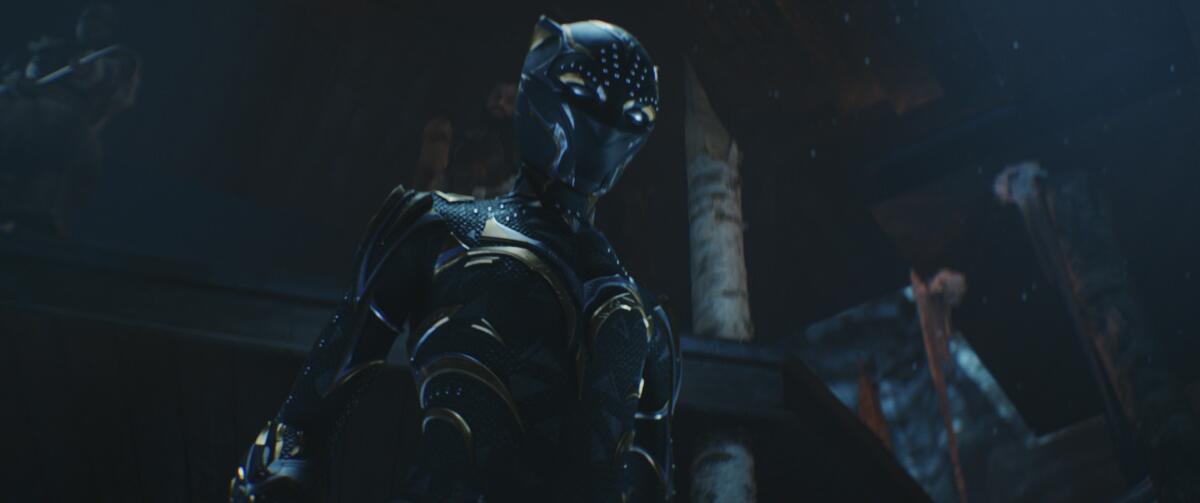 The Black Panther armor in its new female form in a scene from "Black Panther: Wakanda Forever."