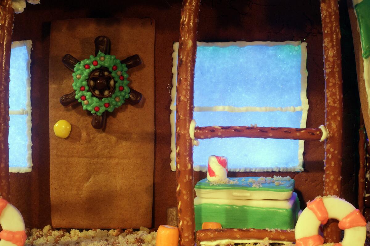 Front door of finished gingerbread house.