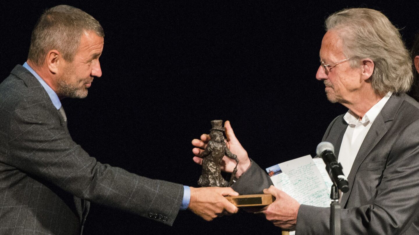 Austrian writer Peter Handke, right, receiving the Ibsen Award, is in ninth place in the race for the Nobel Prize, according to Ladbrokes.