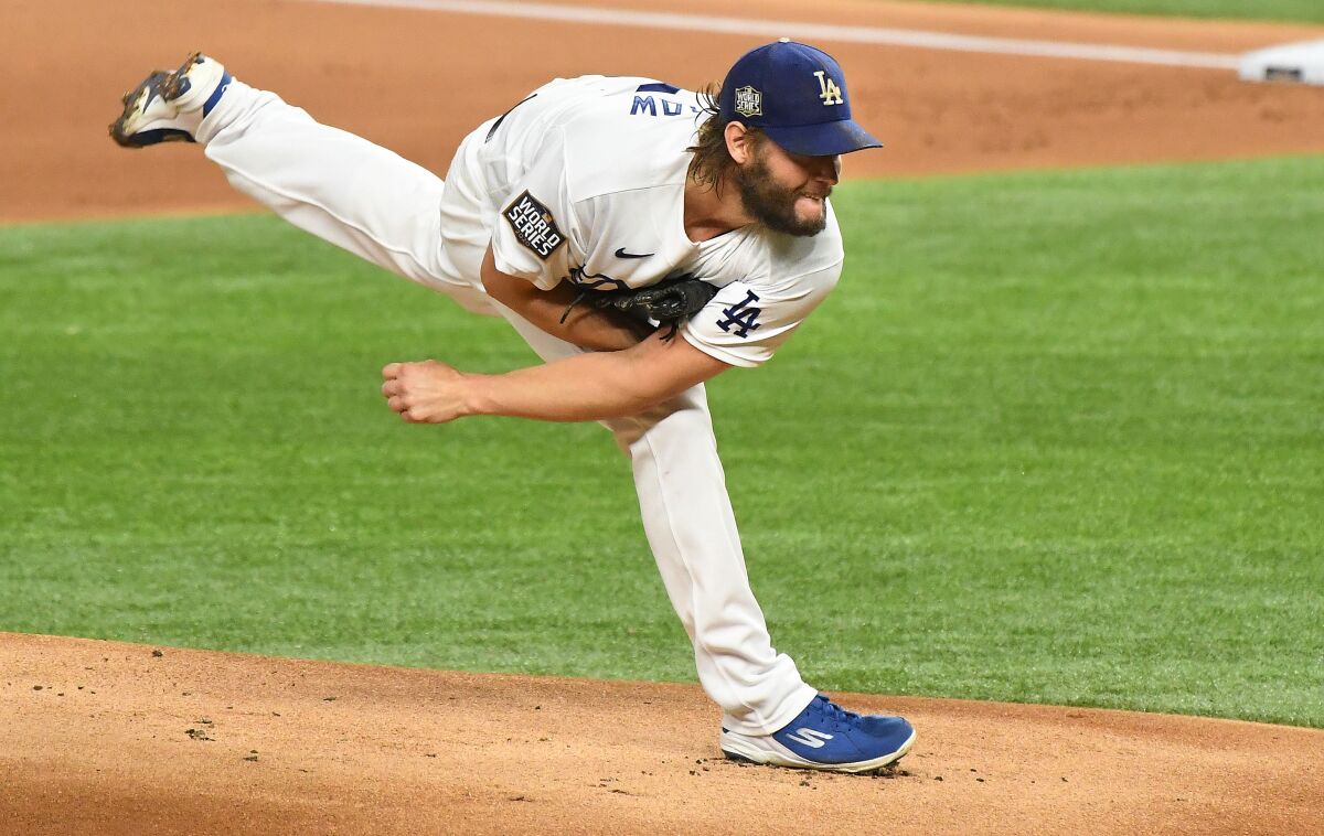 ARLINGTON, TEXAS OCTOBER 20, 2020-Dodgers pitcher Clayton Kershaw throws a pitch aginst the Rays.