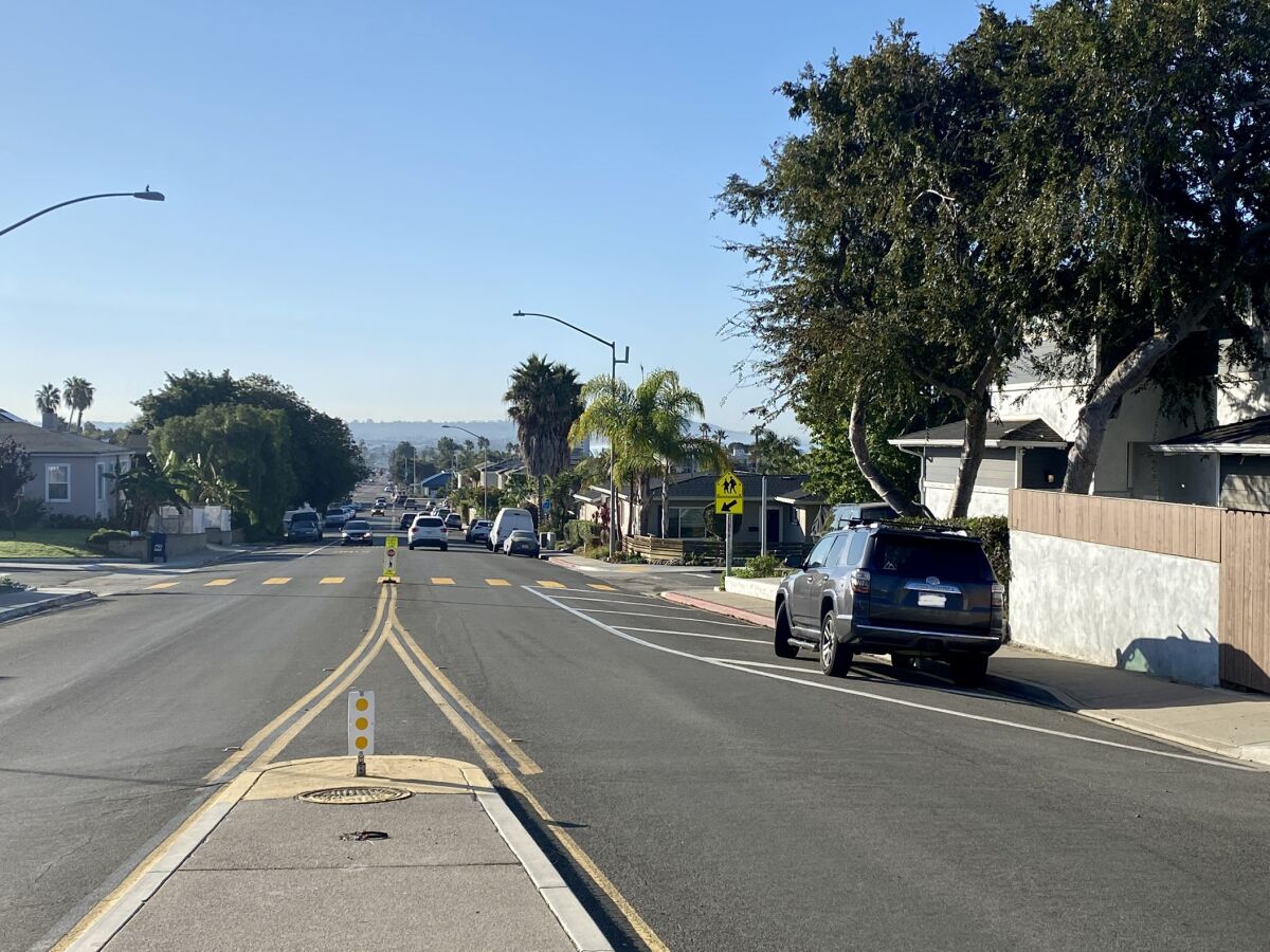 Diagonal lines on La Jolla Mesa Drive at Van Nuys Street in La Jolla