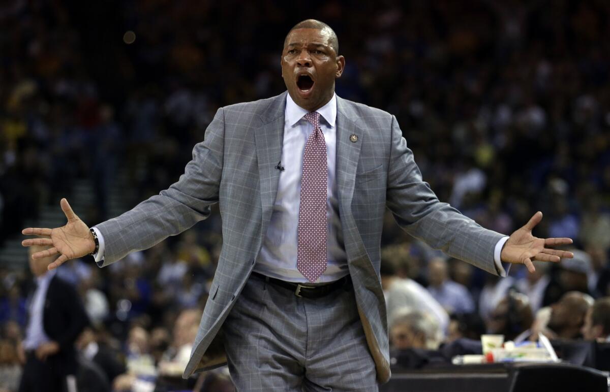 Clippers Coach Doc Rivers yells during the Clippers' loss Wednesday to the Golden State Warriors, 121-104.
