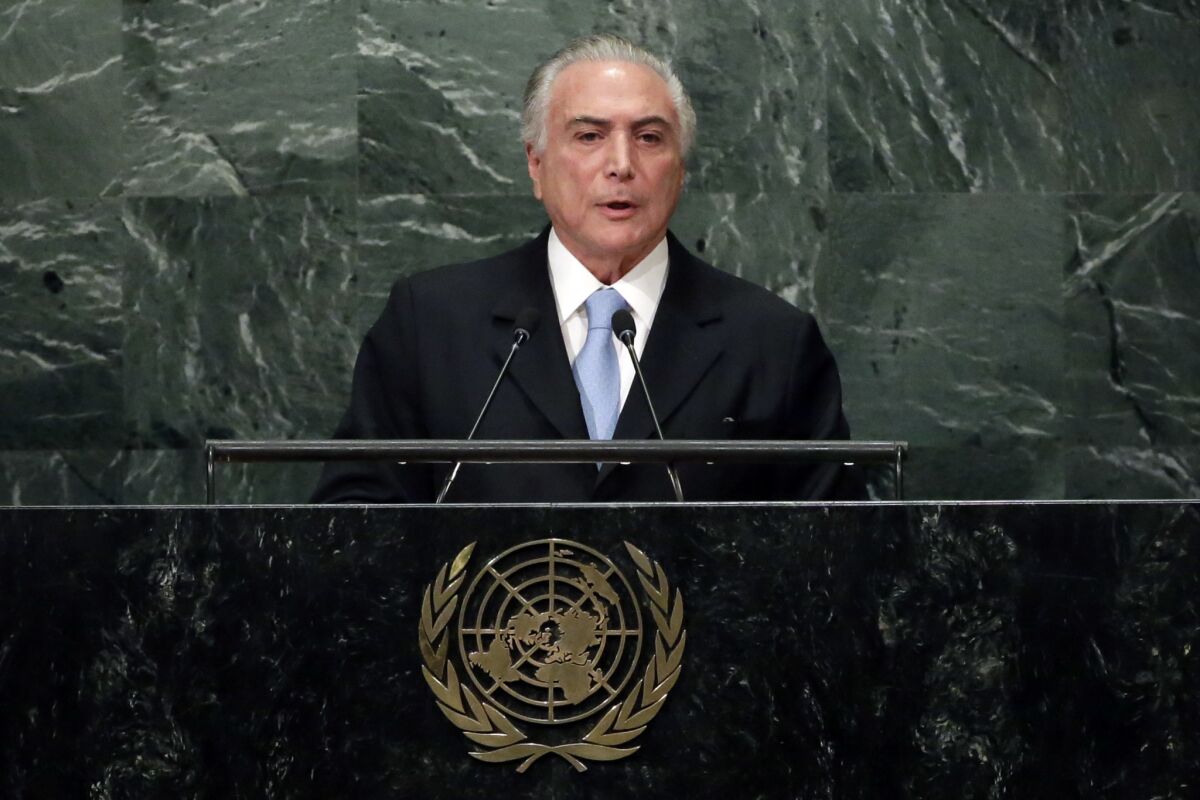 Brazilian President Michel Temer addresses the United Nations General Assembly in September.