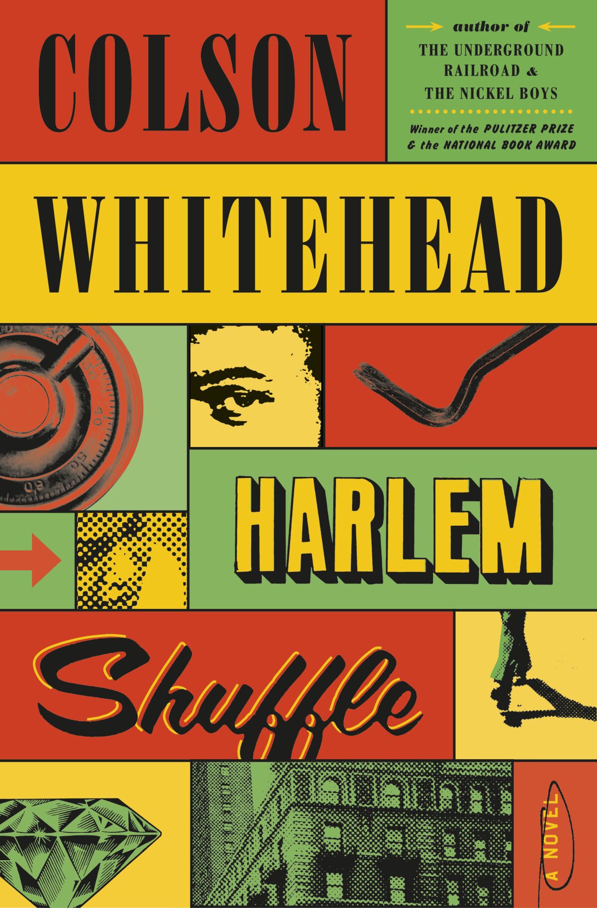 The red, yellow and green cover of "Harlem Shuffle," by Colson Whitehead.