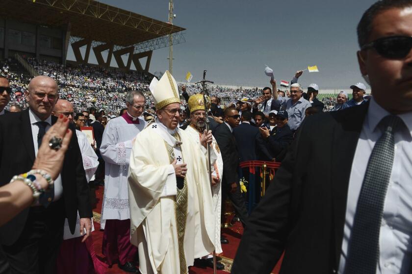Pope Francis enters the Air Defence Stadium in Cairo, Egypt prior to a celebration mass that was held on the last day of his visit to city. April 29, 2017. Photo by Jonathan Rashad
