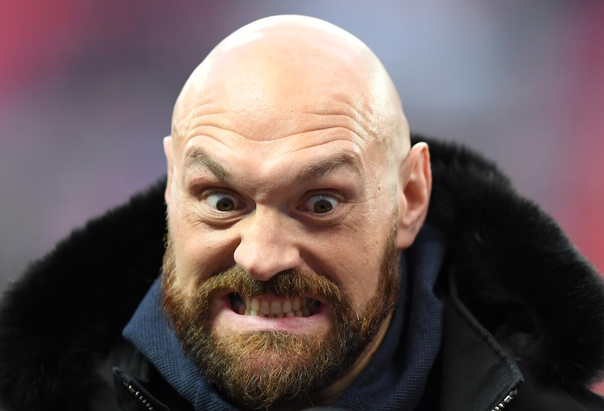 LONDON, ENGLAND - OCTOBER 27: Boxer Tyson Fury looks on during the NFL game between Cincinnati Bengals and Los Angeles Rams at Wembley Stadium on October 27, 2019 in London, England. (Photo by Alex Davidson/Getty Images) ** OUTS - ELSENT, FPG, CM - OUTS * NM, PH, VA if sourced by CT, LA or MoD **