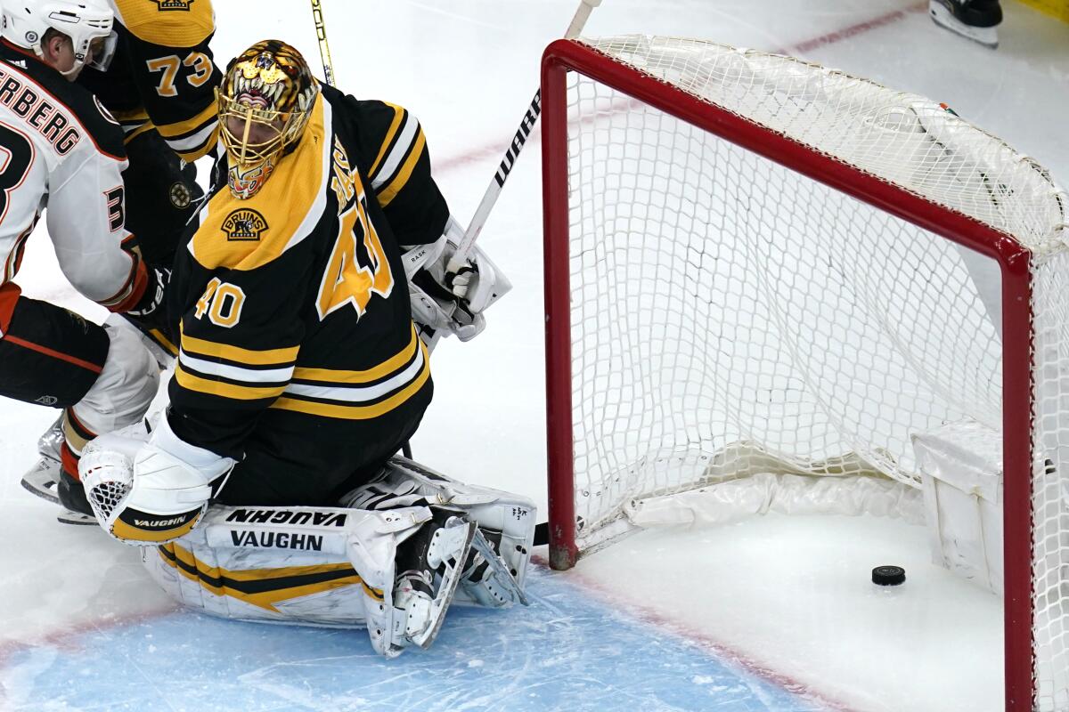 Boston Bruins goaltender Tuukka Rask (40) looks back after giving up a goal to Anaheim Ducks center Ryan Getzlaf during the second period of an NHL hockey game, Monday, Jan. 24, 2022, in Boston. (AP Photo/Charles Krupa)