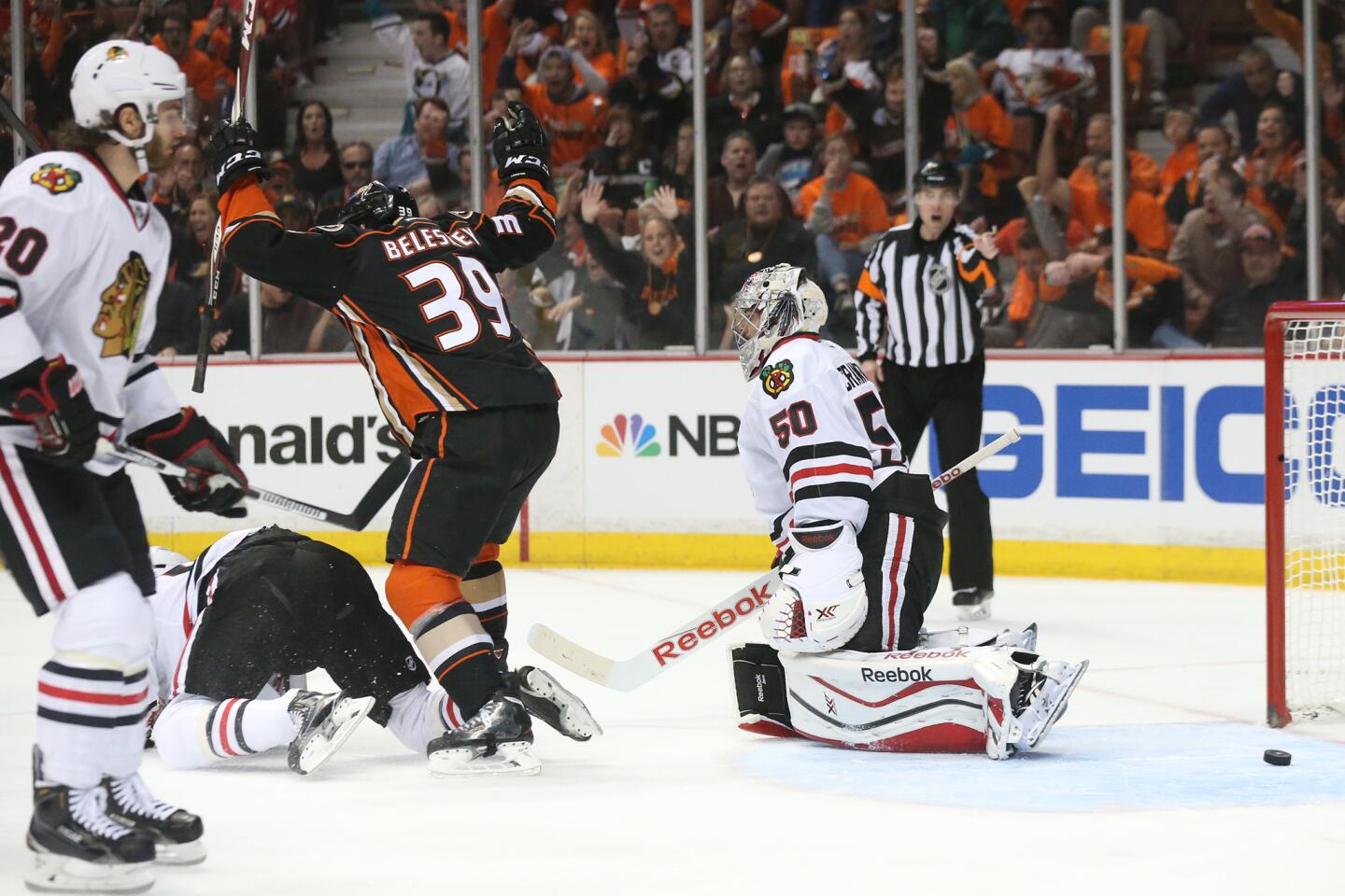 Ducks winger Matt Beleskey celebrates after assisting on a first period goal by teammate Hampus Lindholm to give the Ducks a 1-0 lead over the Blackhawks in Game 1 of the Stanley Cup Western Conference Finals at the Honda Center on Sunday.