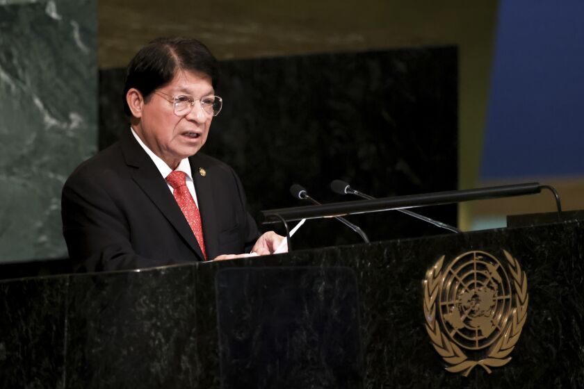 El Ministro de Relaciones Exteriores de Nicaragua, Denis Moncada, se dirige al 77º período de sesiones de la Asamblea General de las Naciones Unidas el lunes 26 de septiembre de 2022, en la sede de la ONU. (AP Foto/Julia Nikhinson)
