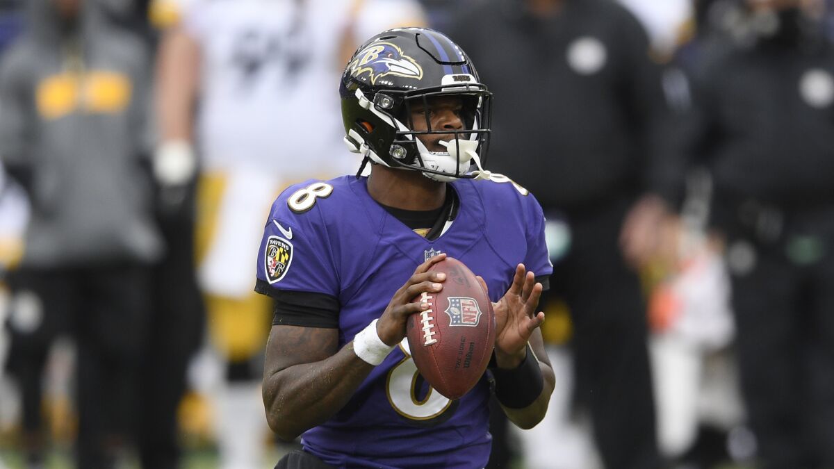 Baltimore Ravens quarterback Lamar Jackson in action against the Pittsburgh Steelers.