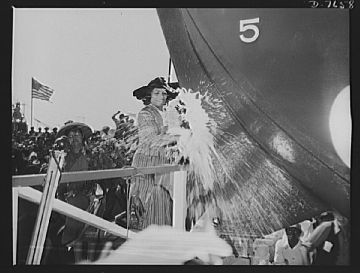 Marian Anderson christens the Booker T. Washington, the first Liberty Ship named for an African American, at California Shipbuilding Corp.'s Wilmington yard Sept. 29, 1942.