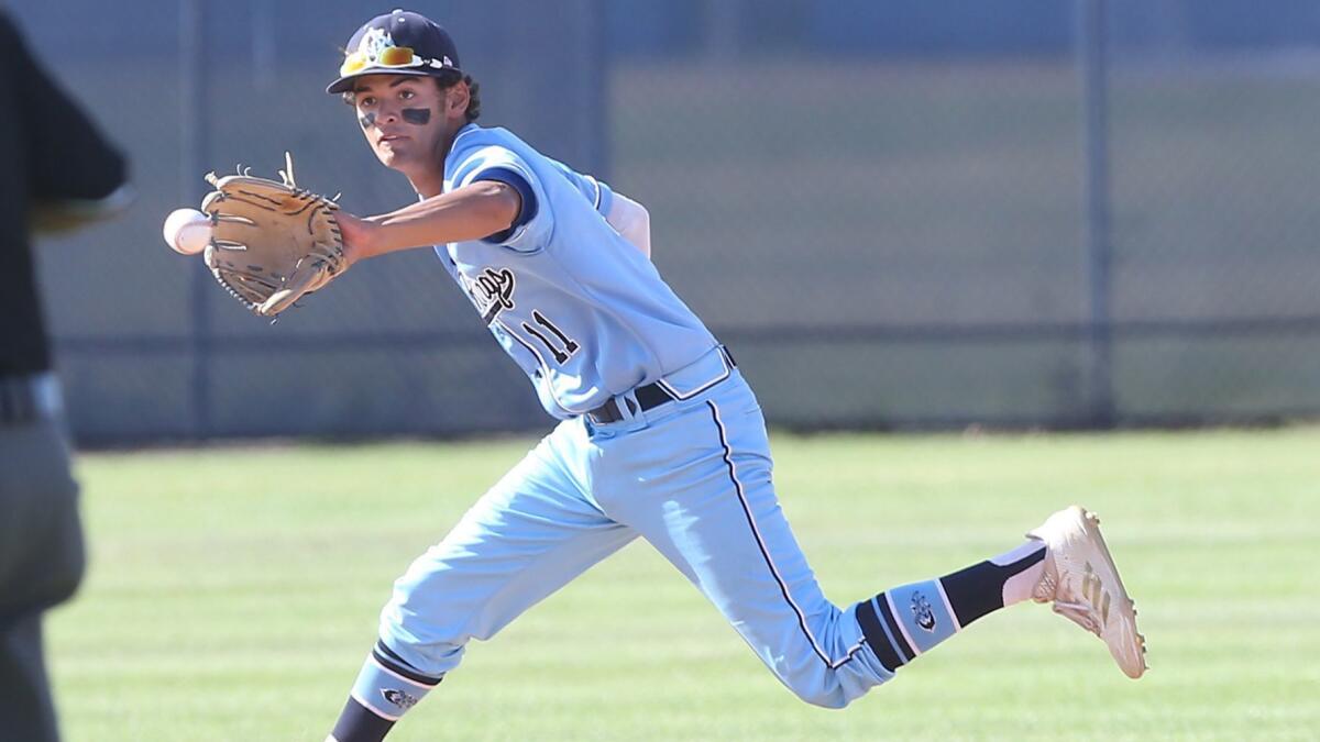 Reece Berger, shown making a play on April 17, 2018, had a double and run batted in for the Corona del Mar High baseball team in Saturday's 5-0 win over West Covina.
