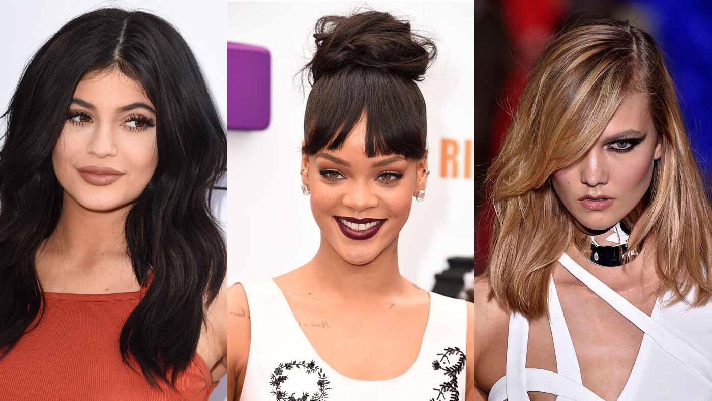 From left: Kylie Jenner, Rihanna, and Karlie Kloss model '90s makeup looks.