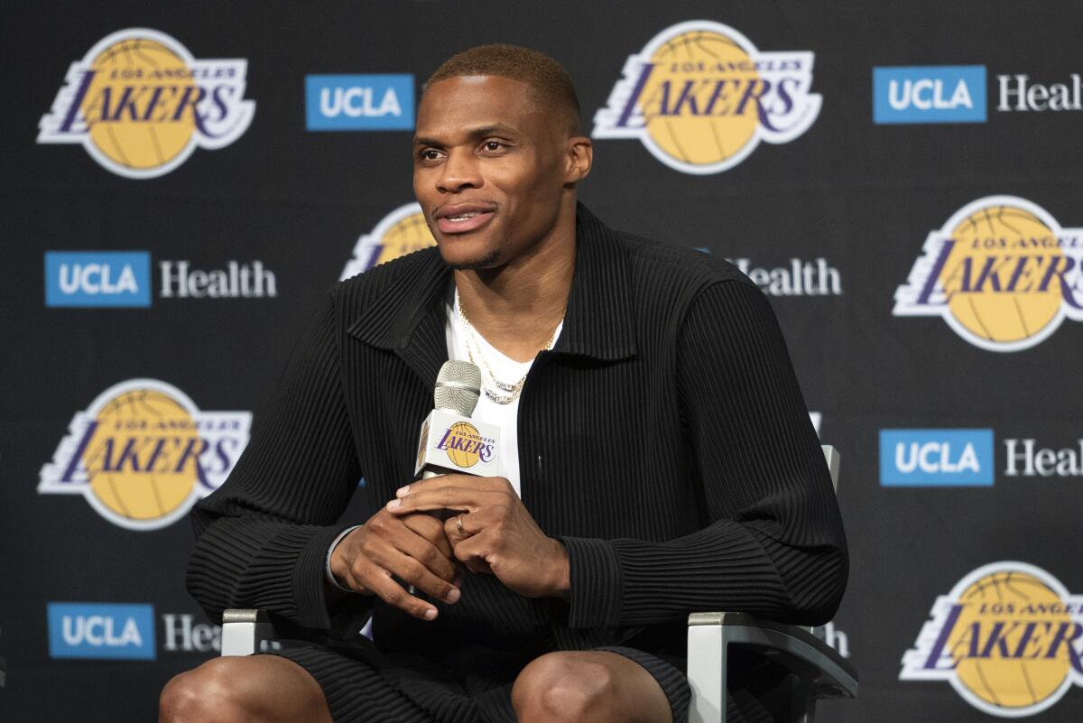 Russell Westbrook speaks during his first news conference as a Laker in August.