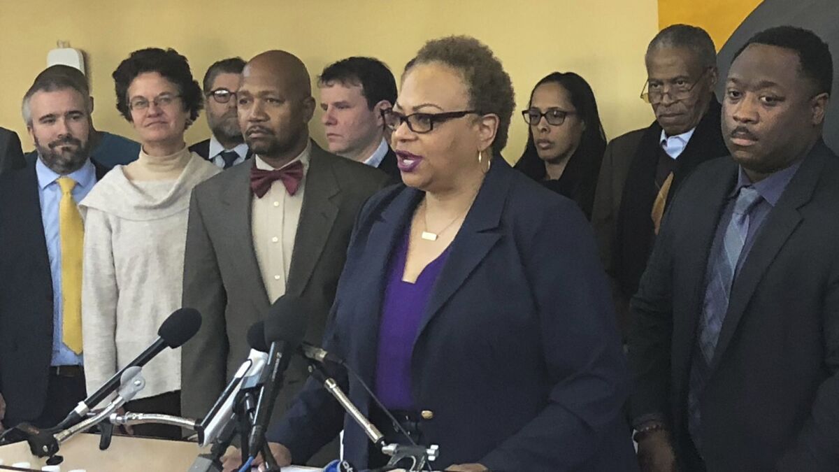Dana Vickers Shelley, executive director of the American Civil Liberties Union of Maryland, at a news briefing Wednesday on a racism lawsuit near College Park, Md.