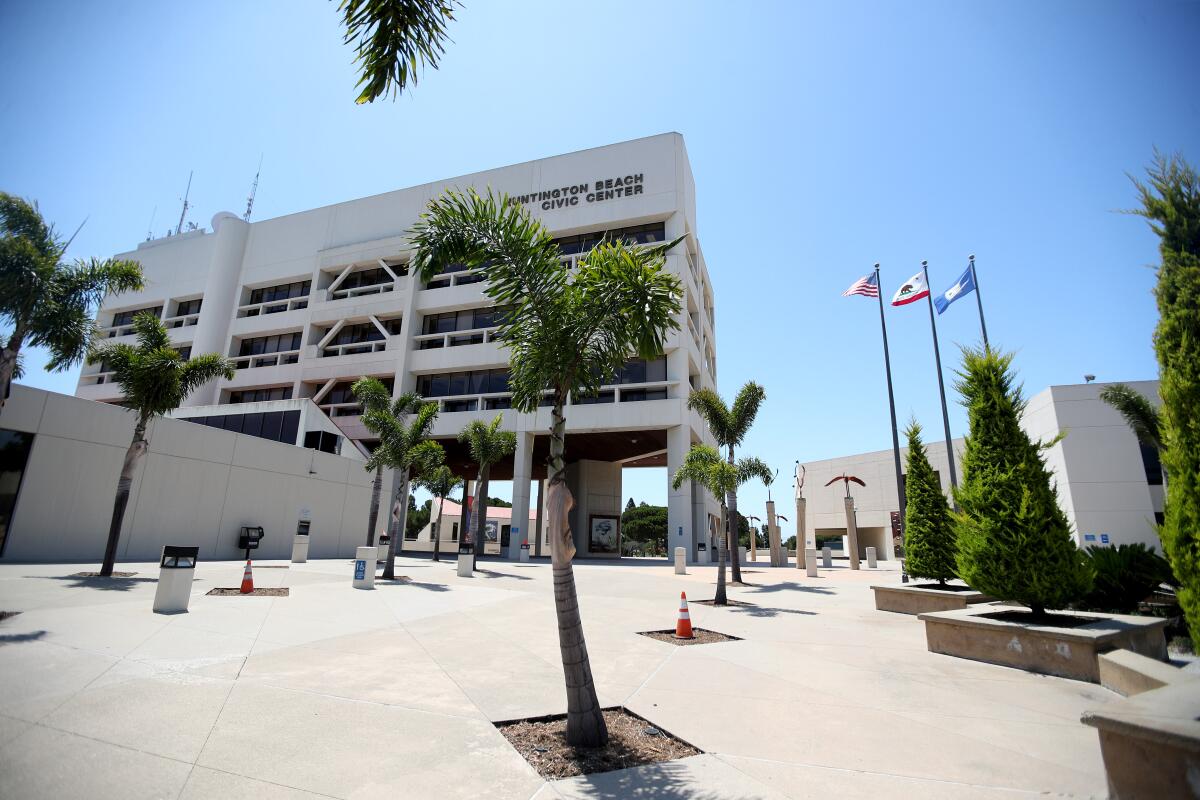 The American flag, California state flag and Huntington Beach city flag currently fly at City Hall.