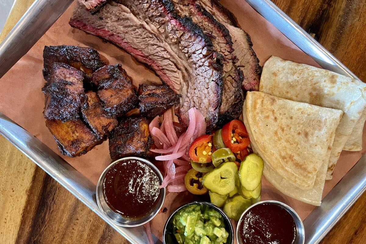 A tray of barbecue from Heritage Brewery & Barbecue in Oceanside