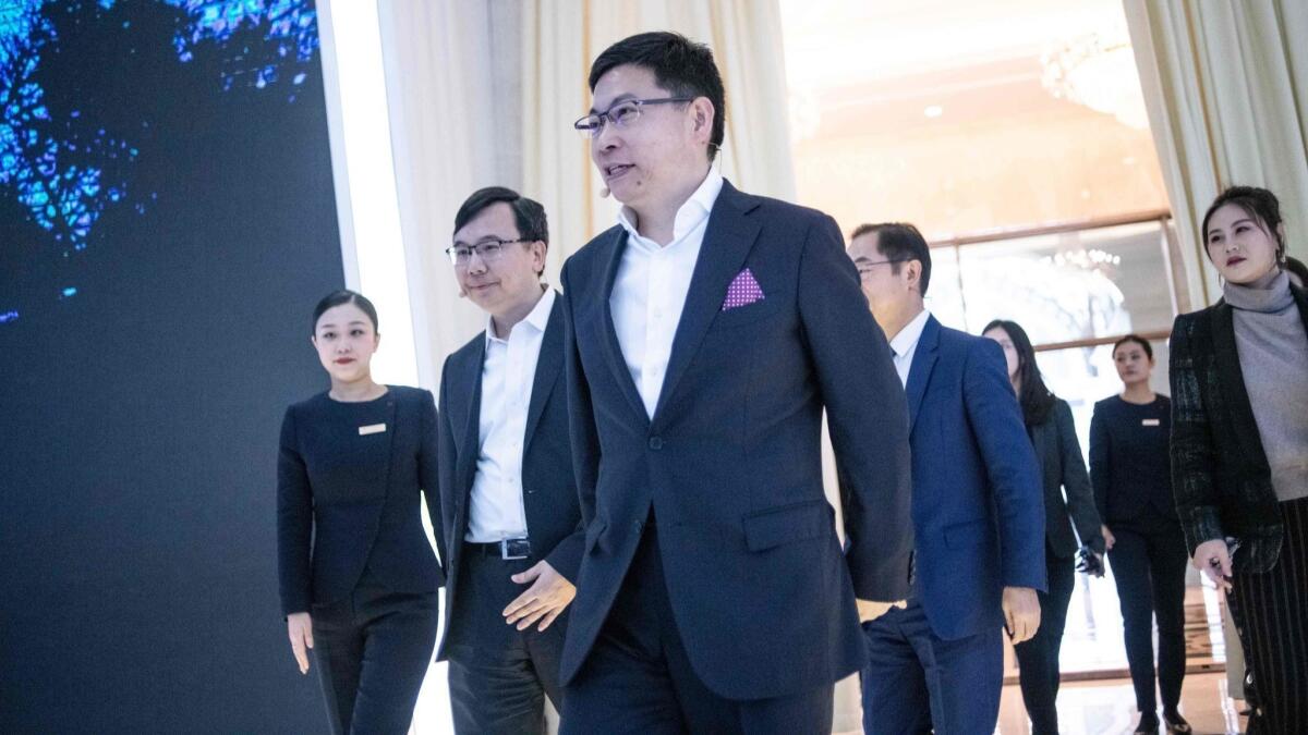 Richard Yu, CEO of the Huawei consumer business group, arrives for a news conference launching new 5G Huawei products in Beijing in January.