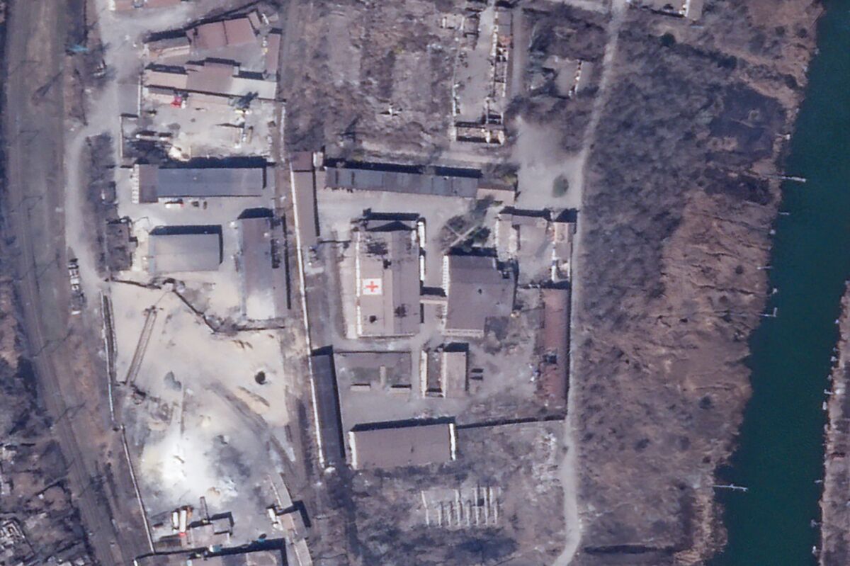 Aerial view of building damaged from shelling in Mariupol