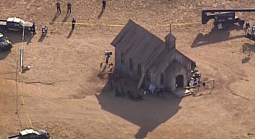 An aerial image of the church at Bonanza Creek Ranch, near Santa Fe, N.M.