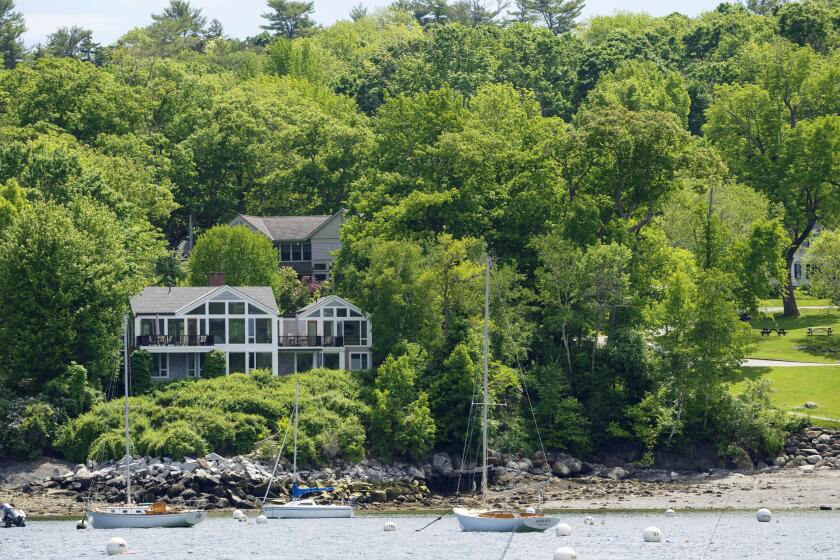 The homes of Lisa Gorman, front, and Amelia and Arthur Bond are seen, Tuesday, June 4, 2024, in Camden, Maine. The Bond's, a wealthy politically connected Missouri couple poisoned their neighbor's trees to secure a view of Camden Harbor, outraging residents in the seaside community.(AP Photo/Robert F. Bukaty)