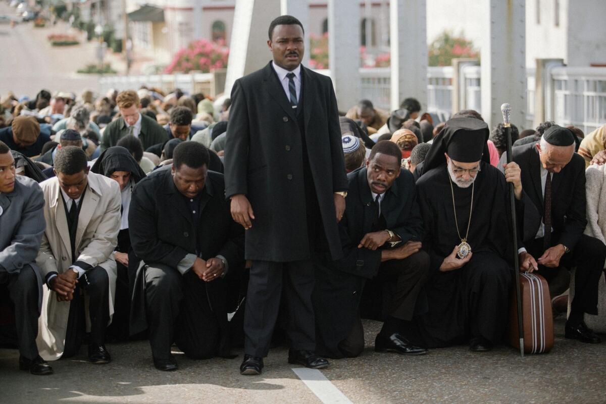 Center left to right: Wendell Pierce plays Rev. Hosea Williams, David Oyelowo plays Martin Luther King, Jr., and Colman Domingo plays Ralph Abernathy in the movie SELMA, from Paramount Pictures and PathZÿ.