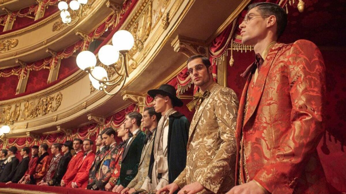 In late January, Italian luxury brand Dolce & Gabbana staged its exclusive Alte Artigianalità in Milan. Here's a look at the models lined up at the men's couture show, Alta Sartoria, along one of the balconies of Teatro alla Scala, which dates back to 1778. (Dolce & Gabbana)