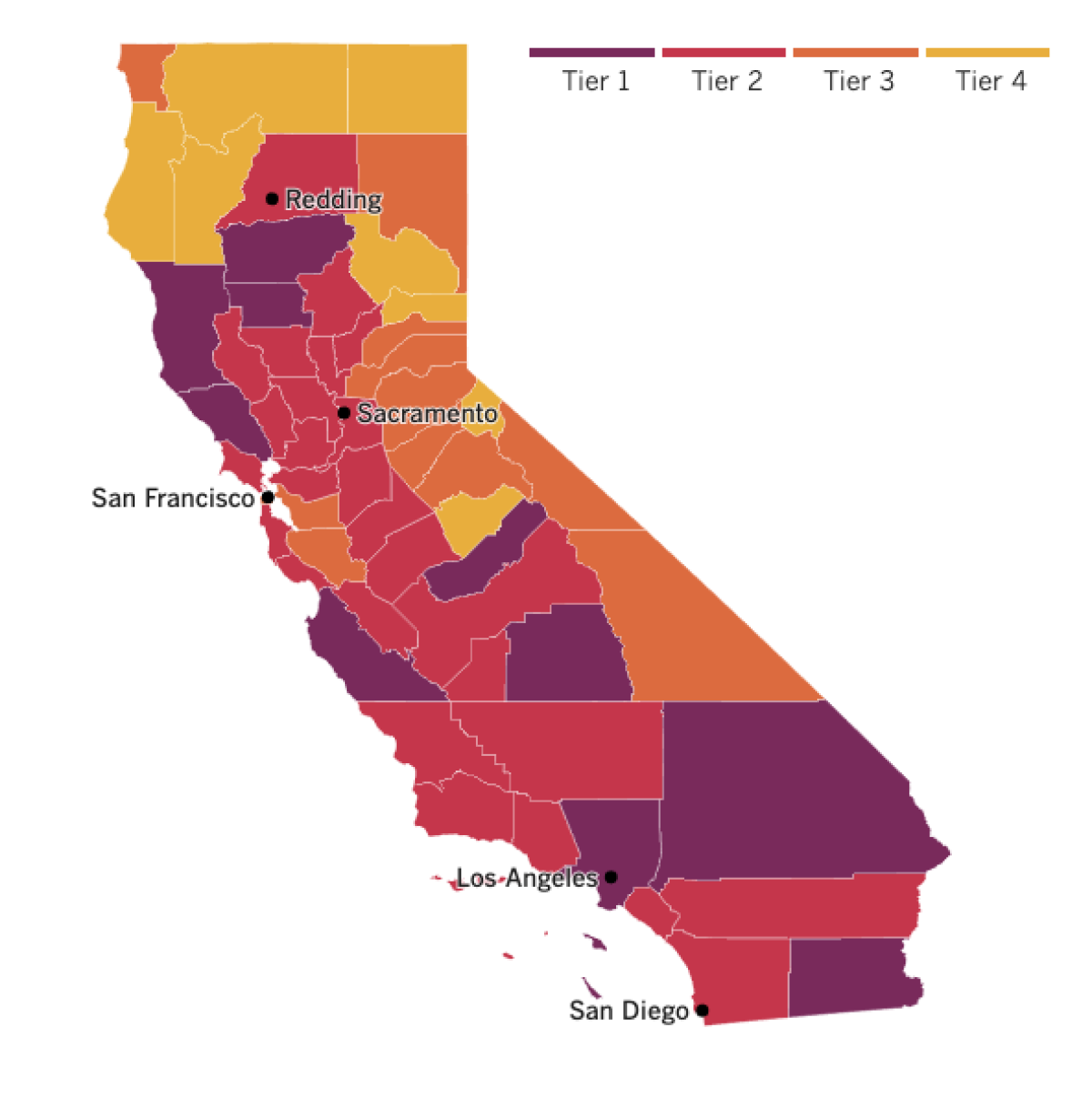 A map of California showing the tiers to which counties have been assigned under the reopening plan based on coronavirus risk