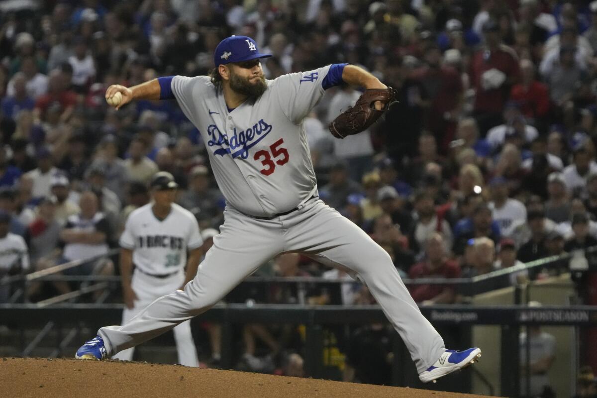 Dodgers starting pitcher Lance Lynn delivers against an Arizona Diamondbacks in the first inning of Game 3 on Wednesday.