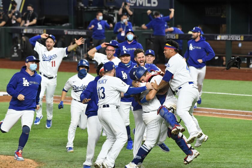 Dodgers players celebrate after winning the 2020 World Series