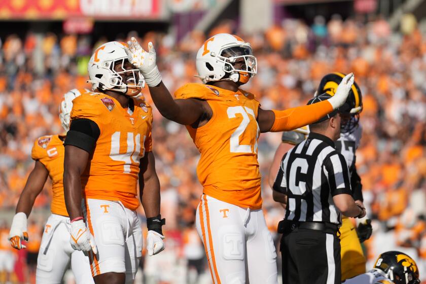 ORLANDO, FL - JANUARY 01: Tennessee Volunteers defensive lineman James Pearce Jr. (27) celebrates after a sack during the 2024 Cheez-It Citrus Bowl between Iowa Hawkeyes and the Tennessee Volunteers on Monday, January 1, 2024 at Camping World Stadium, Orlando, Fla. (Photo by Peter Joneleit/Icon Sportswire via Getty Images)