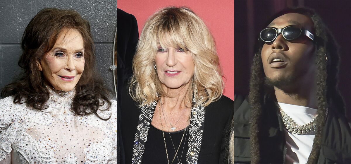 This combination of photos shows Loretta Lynn, from left, Christine McVie and Migos rapper Takeoff, who will be honored during an In Memoriam segment during the Grammy Awards on Sunday. (AP Photo)