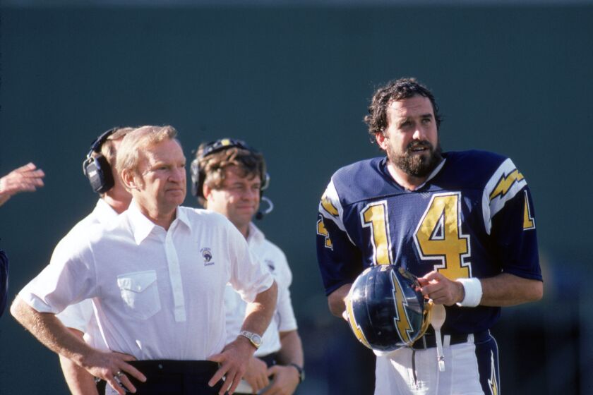 Head coach Don Coryell and quarterback Dan Fouts of the San Diego Chargers discuss strategy during game in December 1985.