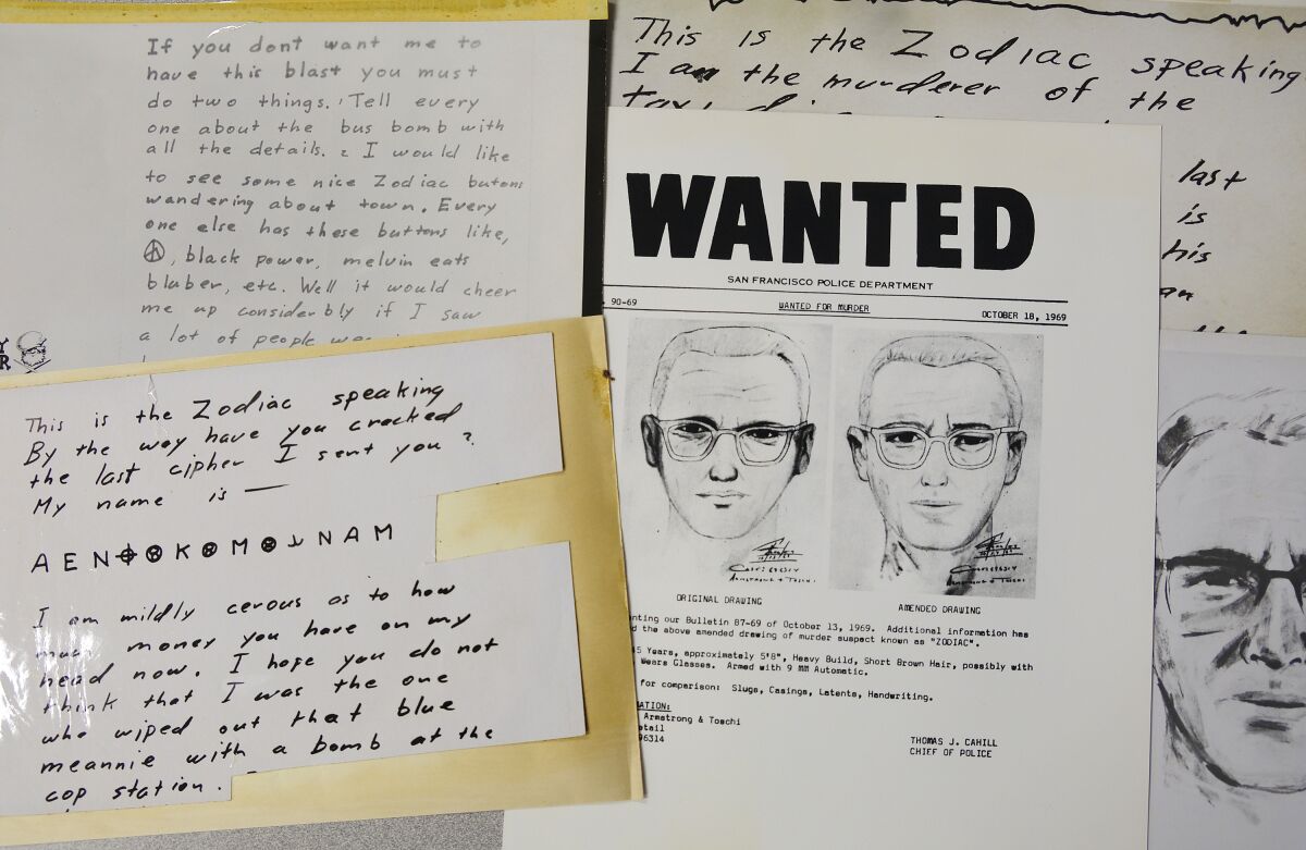 A "Wanted" poster, police sketches and copies of letters sent to the San Francisco Chronicle by the killer known as "Zodiac."