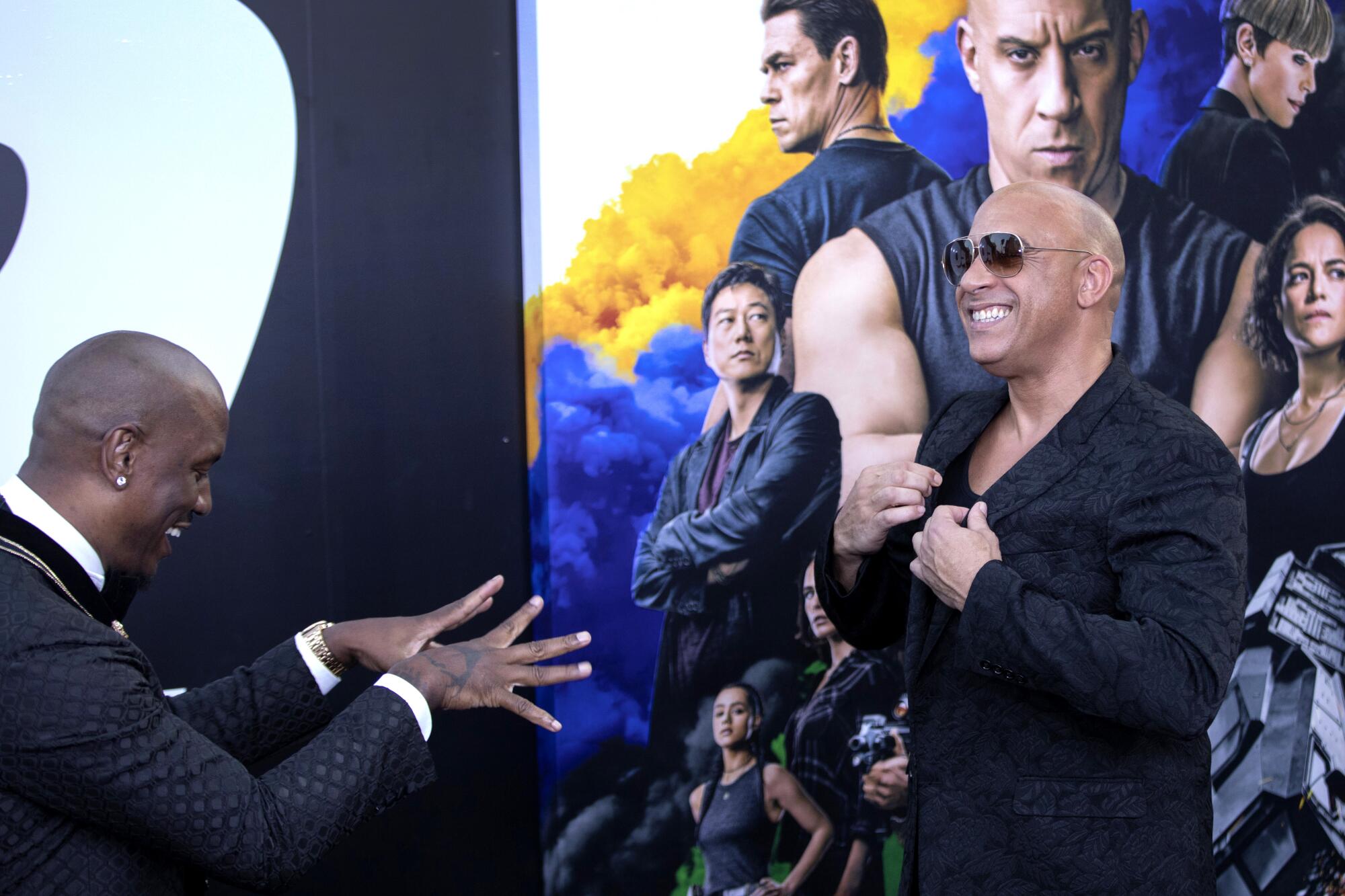 Tyrese Gibson and Vin Diesel joke around at the "F9" premiere