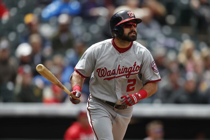 Nationals center fielder Adam Eaton during the fifth inning of a game against the Rockies on Thursday, April 27, 2017, in Denver.