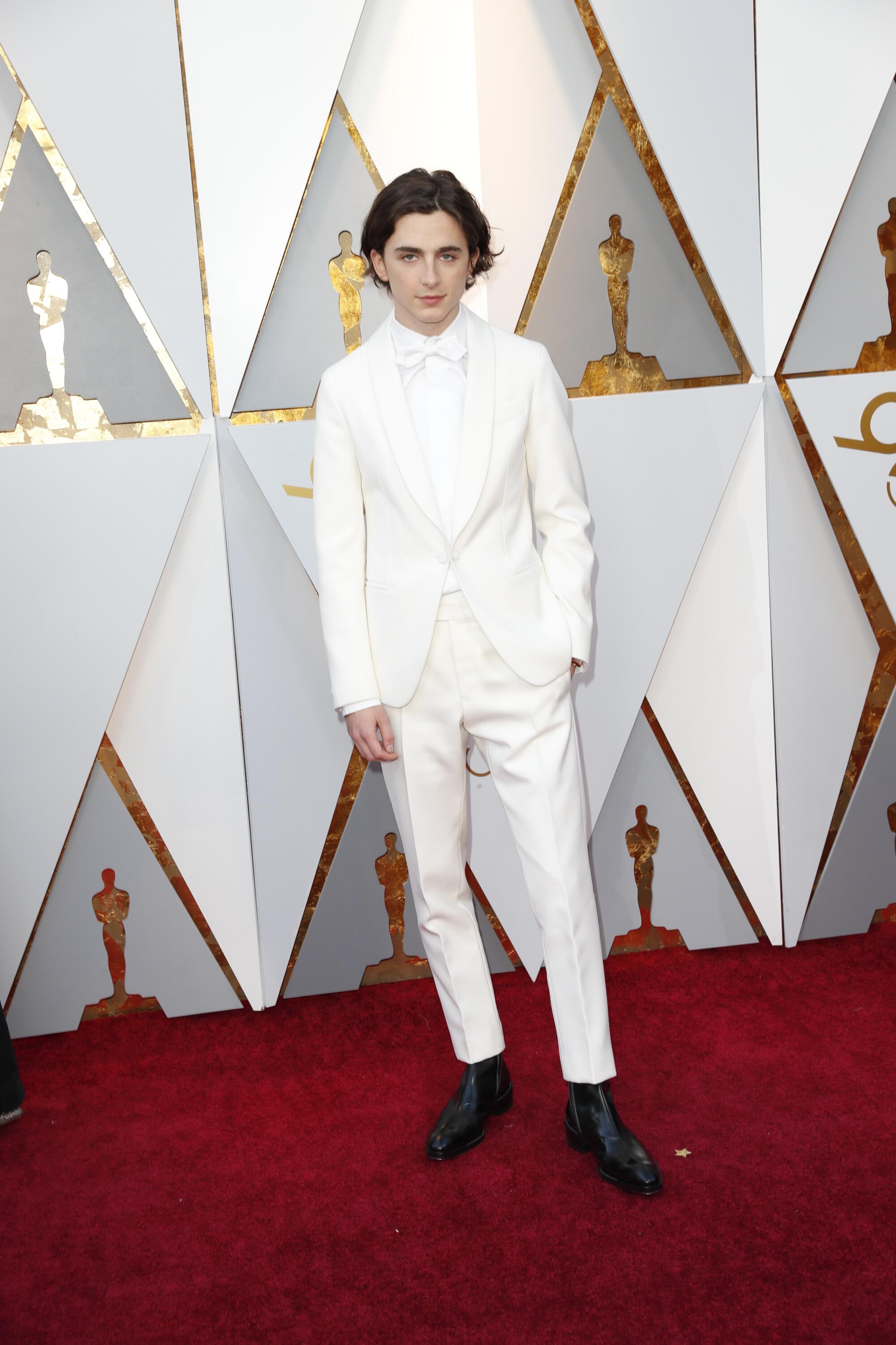 Timothée Chalamet on the red carpet at the 90th Academy Awards.
