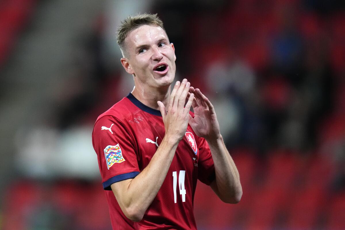 FILE - Czech Republic's Jakub Jankto reacts after missing a chance to score during the UEFA Nations League soccer match between Czech Republic and Switzerland at the Sinobo stadium in Prague, Czech Republic, on June 2, 2022. Czech Republic midfielder Jakub Jankto who recently became one of the the most high-profile male soccer players to come out as gay is taking time away, the player and Sparta Prague said. Sparta said Jankto was not able to meet his professional duty at the club following a ”traffic incident” in which Jankto was involved. (AP Photo/Petr David Josek, File)