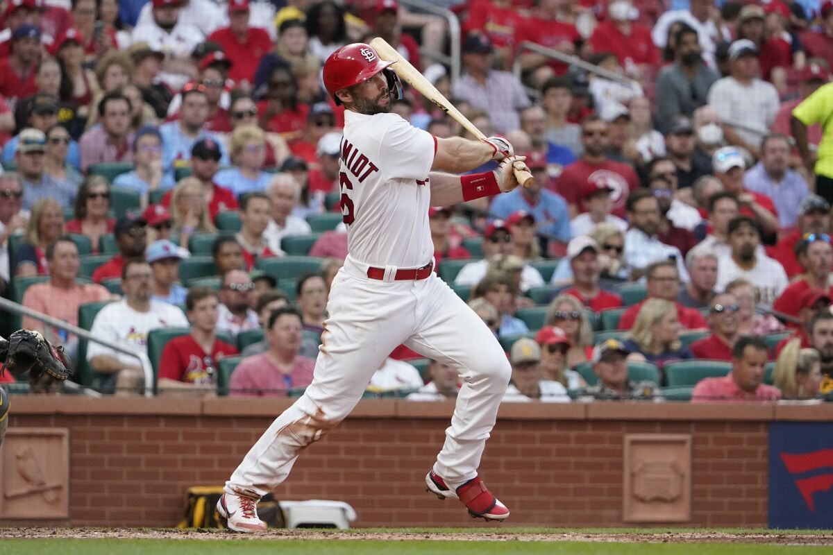 St. Louis Cardinals' Paul Goldschmidt hits an RBI double during the third inning of a baseball game against the San Diego Padres Tuesday, May 31, 2022, in St. Louis. (AP Photo/Jeff Roberson)