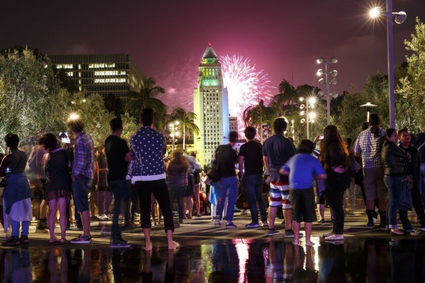 LOS ANGELES, CALIF. -- MONDAY, JULY 4, 2016: Fireworks at the 4th annual Grand Park + Music Center's Fourth of July Block Party in Los Angeles, Calif., on July 4, 2016. (Marcus Yam / Los Angeles Times)