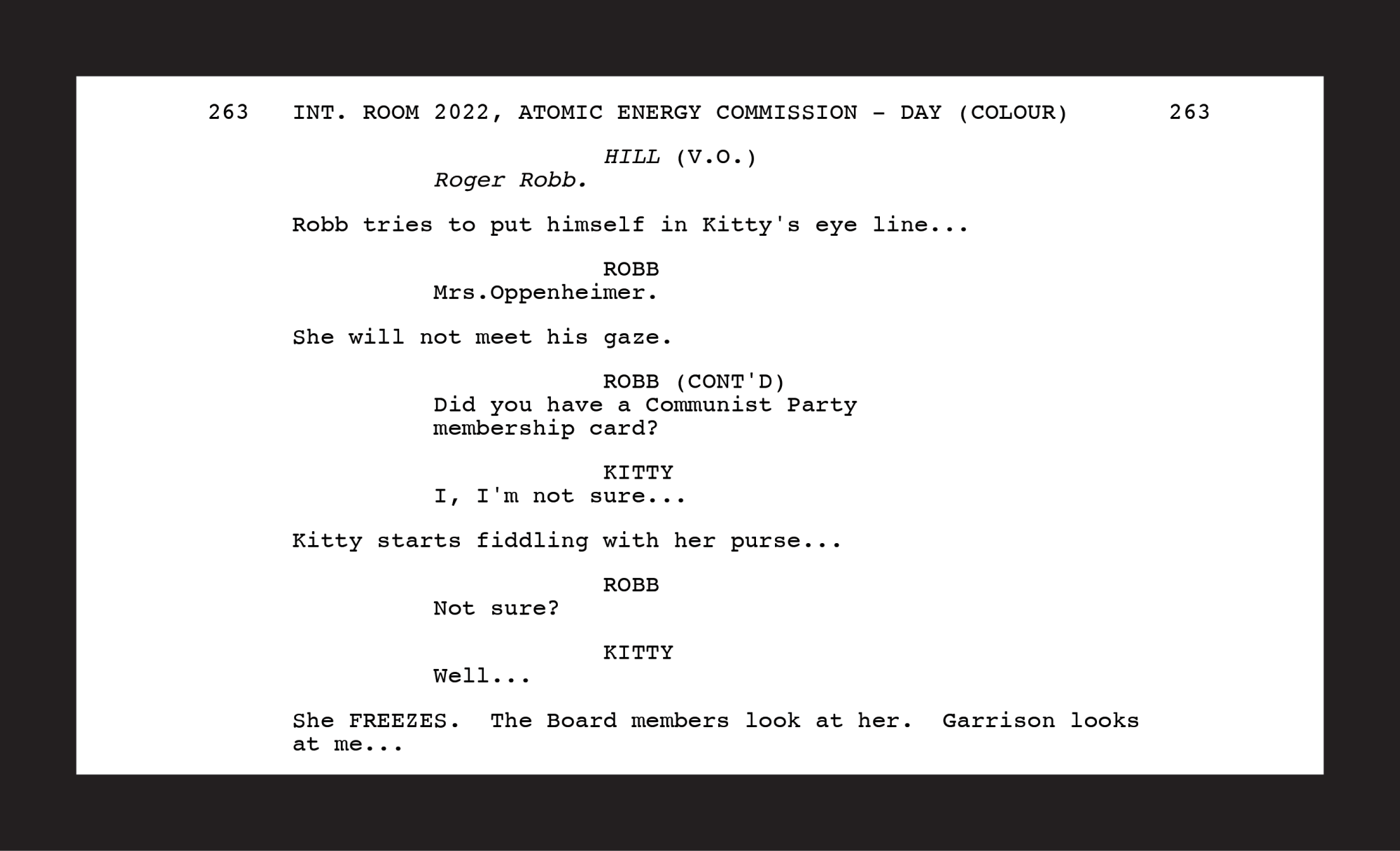 Oppenheimer script of scene where Roger Robb tries to intimidate Kitty