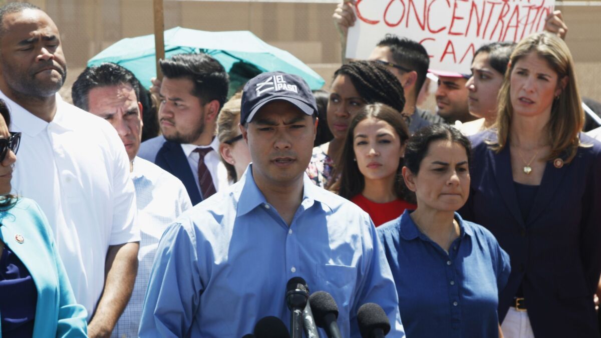Rep. Joaquin Castro speaks alongside members of the Congressional Hispanic Caucus after touring the Border Patrol station in Clint, Texas, on Monday.