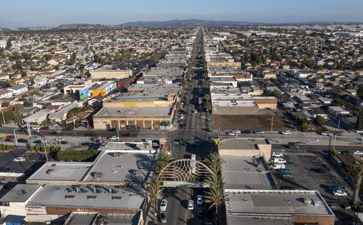 An aerial view of Whittier Blvd. and Arizona Ave. in East Los Angeles.