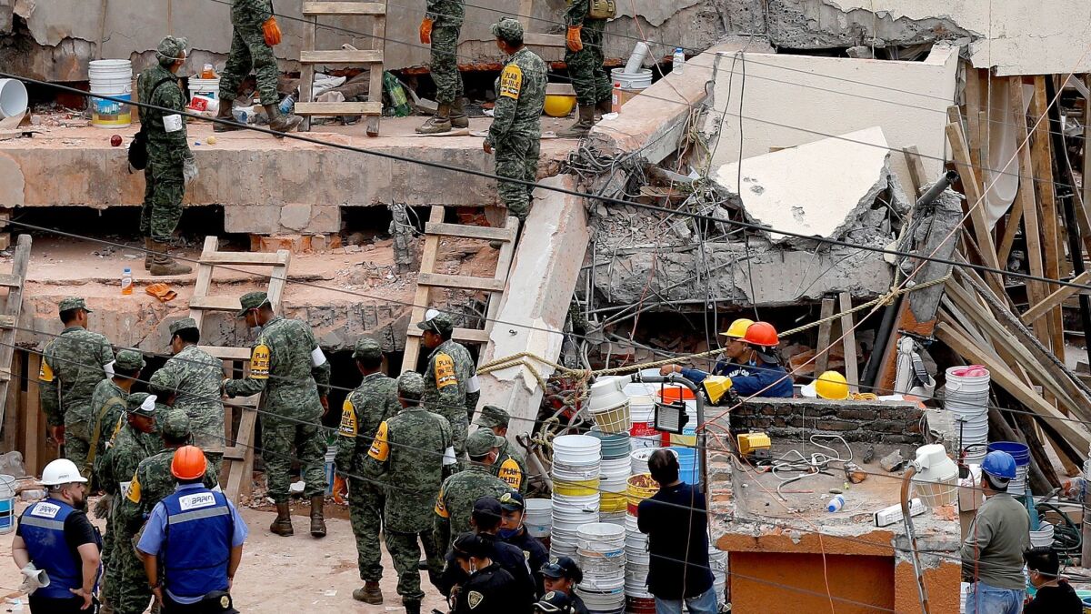 A concrete column lies snapped in half at the Enrique Rebsamen school in Mexico City. More reinforcing steel within the column would have prevented the concrete from snapping like a piece of chalk, and enabled it to flex when shaken; 26 people were fatally injured.