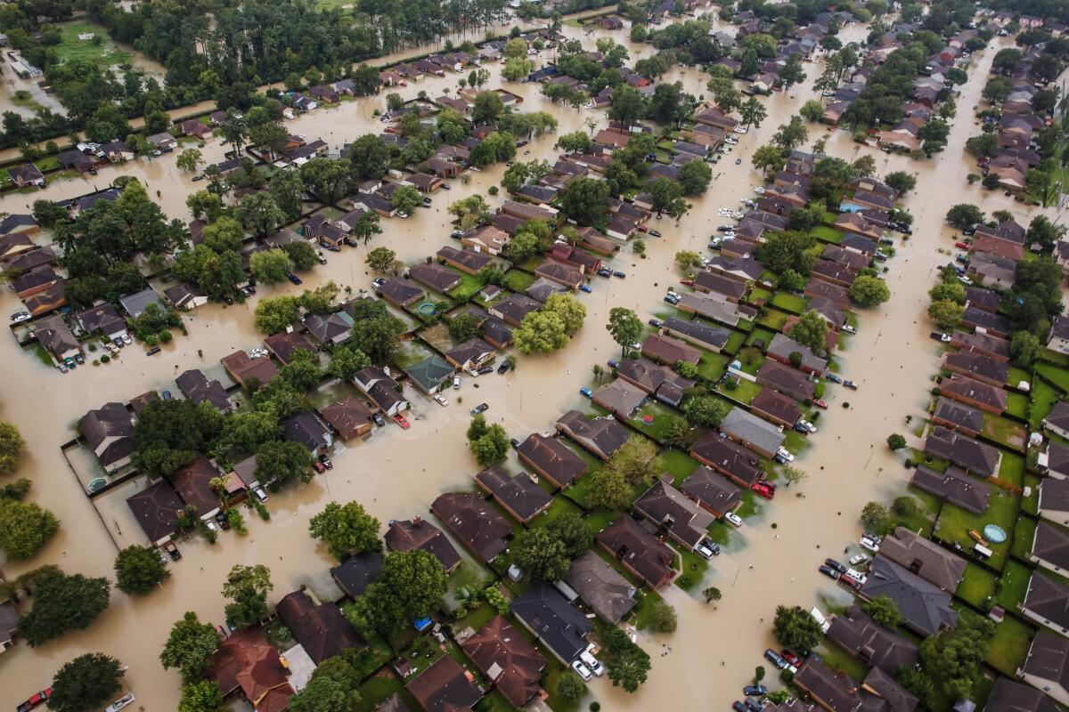 Residential neighborhoods in Houston sit in floodwater after water from the Addicks Reservoir was released.