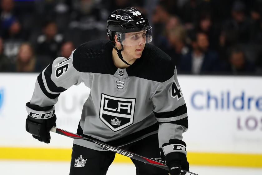 LOS ANGELES, CALIFORNIA - APRIL 06: Blake Lizotte #46 of the Los Angeles Kings looks on during a face-off against the Vegas Golden Knights in the third period at Staples Center on April 06, 2019 in Los Angeles, California. (Photo by Yong Teck Lim/Getty Images)