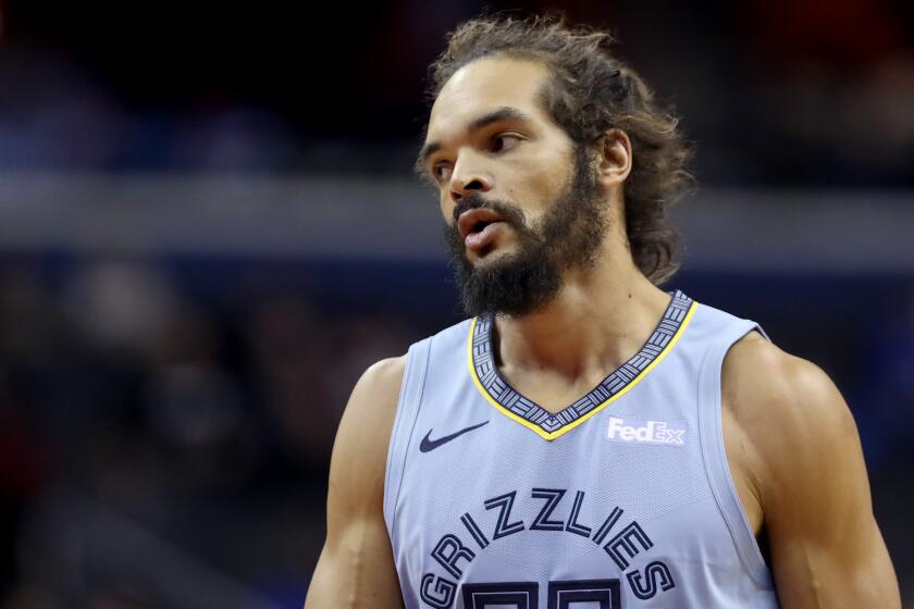 WASHINGTON, DC - MARCH 16: Joakim Noah #55 of the Memphis Grizzlies looks on in the first half against the Washington Wizards at Capital One Arena on March 16, 2019 in Washington, DC. NOTE TO USER: User expressly acknowledges and agrees that, by downloading and or using this photograph, User is consenting to the terms and conditions of the Getty Images License Agreement. (Photo by Rob Carr/Getty Images)