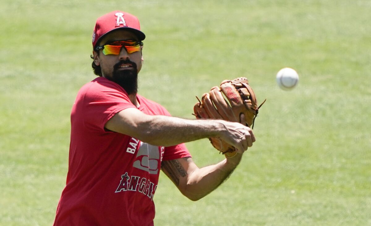 Los Angeles Angels third baseman Anthony Rendon throws during a workout July 3, 2020, at Angel Stadium.